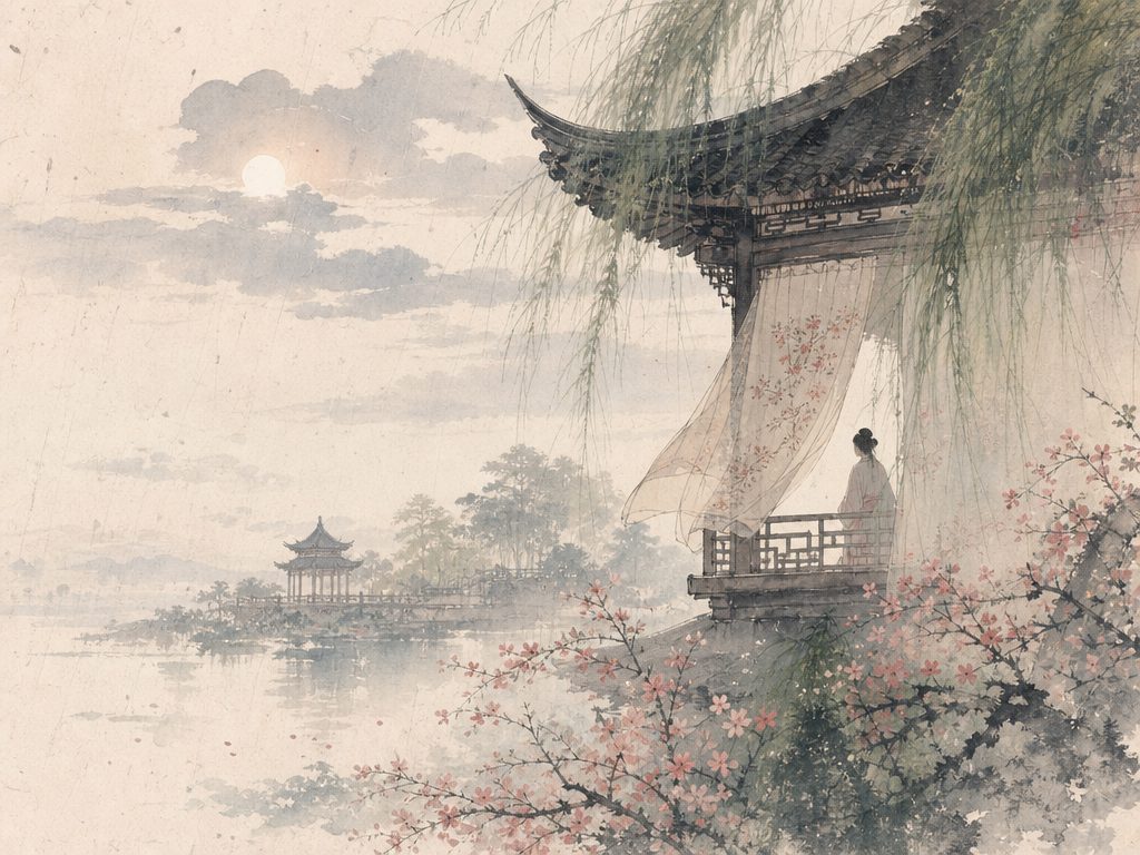 《水龙吟》水墨写意背景插图：婉约柔美，花、楼、画帘、东风。