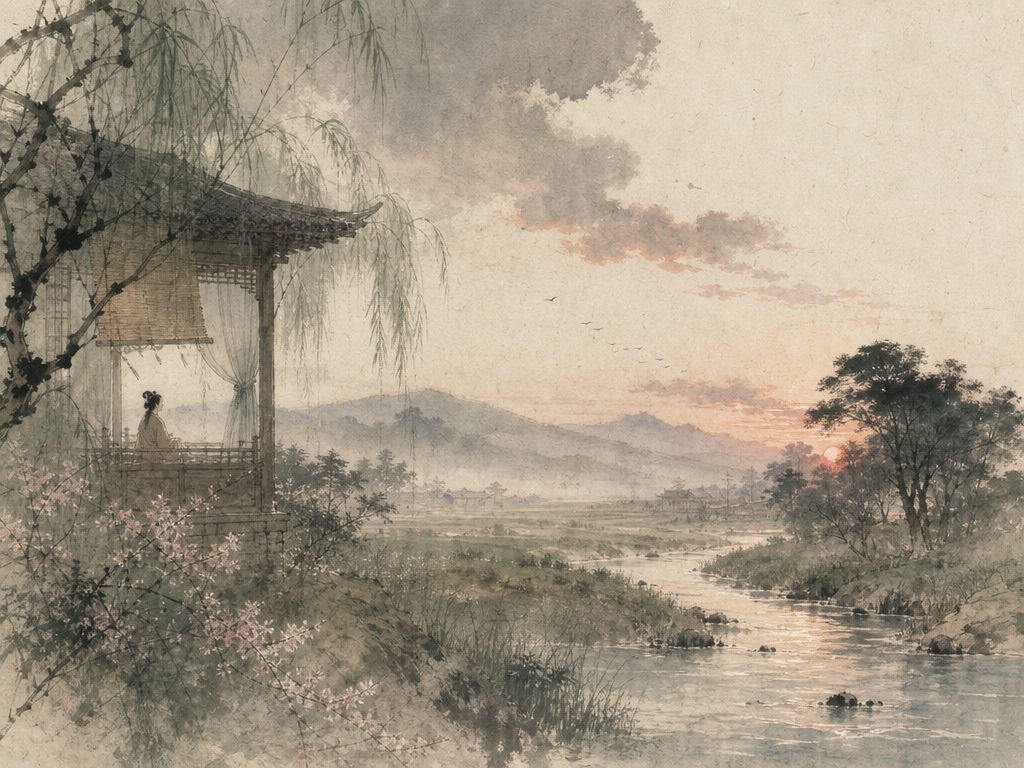 《瑞鹤仙》水墨写意背景插图：婉约柔美，原、雨、风、斜阳。