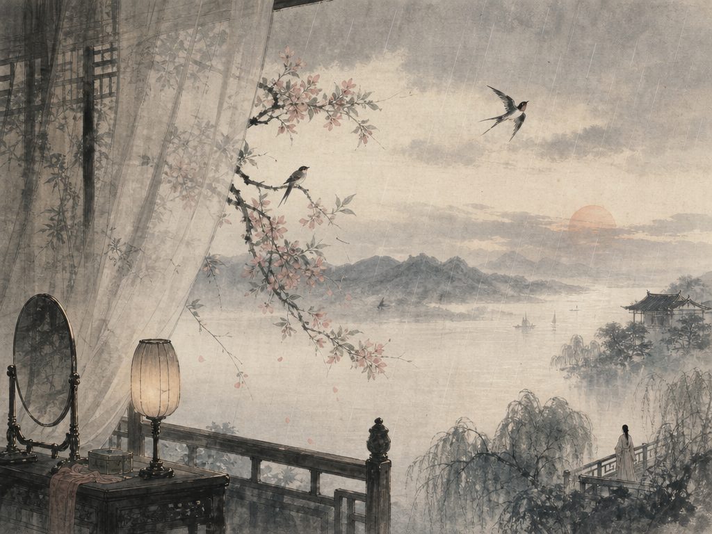 《剑器近》水墨写意背景插图：闺怨相思，雨、东风、海棠、莺。