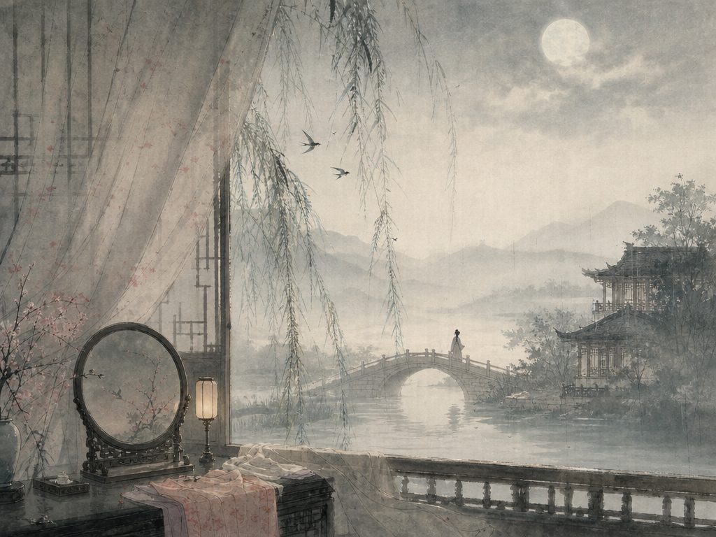 《安公子》水墨写意背景插图：闺怨相思，柳丝、罗衣、雨、燕。