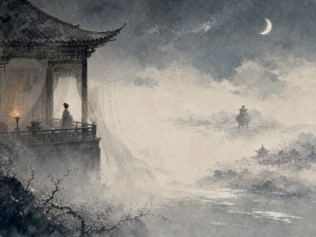 《烛影摇红》水墨写意背景插图：清冷孤寂，楼、珠帘、壶、苑。