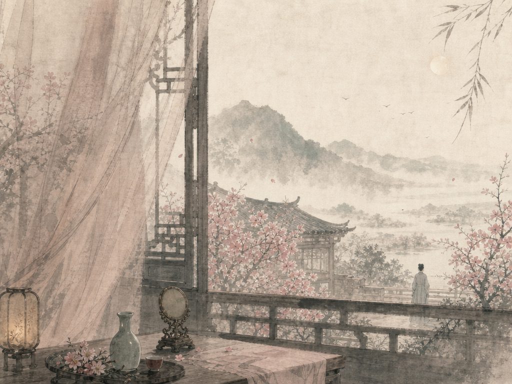 《青玉案》水墨写意背景插图：闺怨相思，庭院、帘、花、酒。