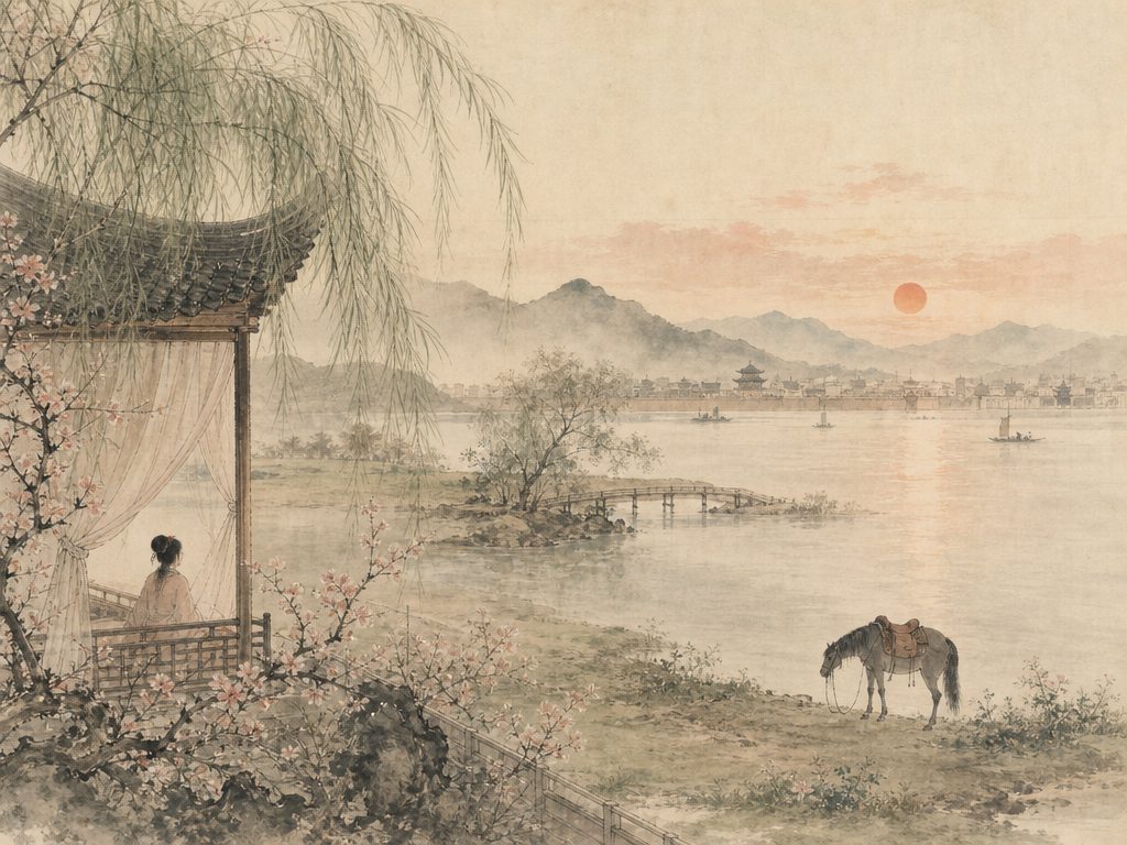 《青玉案》水墨写意背景插图：婉约柔美，燕、江、城、乱山。