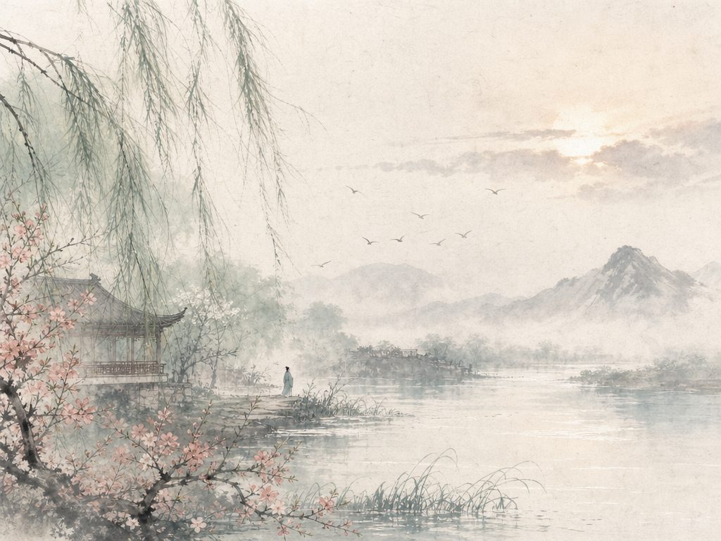 《小重山》水墨写意背景插图：婉约柔美，柳、花、雨、风。