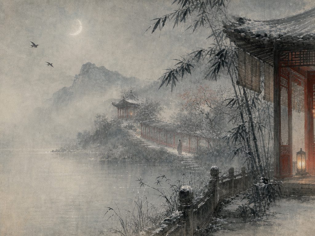 《宴山亭・燕山亭》水墨写意背景插图：清冷孤寂，亭、山、燕、疏雨。