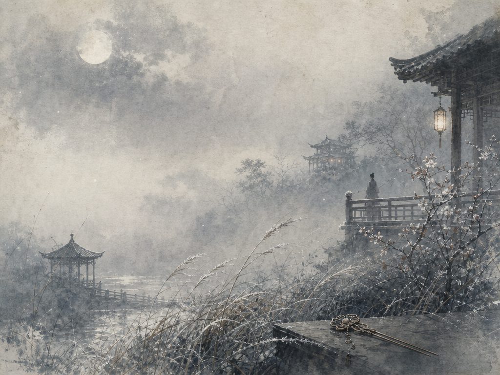 《满庭芳》水墨写意背景插图：清冷孤寂，月、露、草、钗。