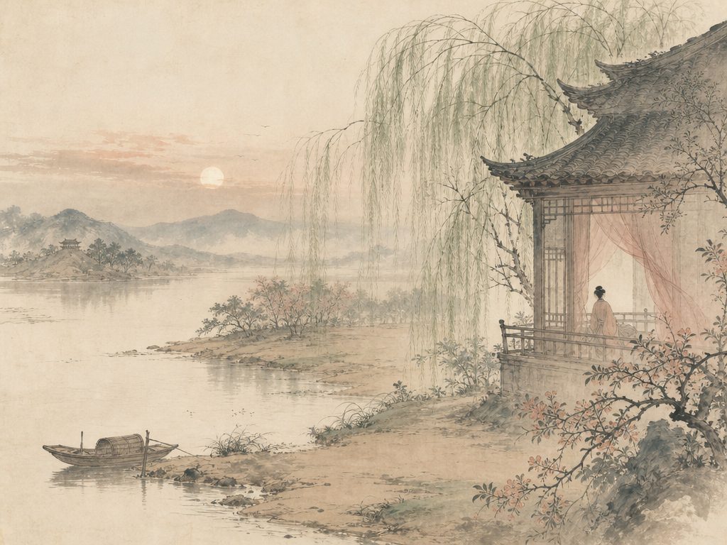 《唐多令》水墨写意背景插图：婉约柔美，汀洲、沙、楼、柳。
