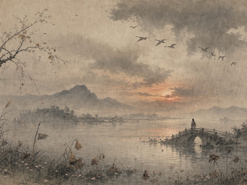 《点绛唇》水墨写意背景插图：伤春悲秋，燕、雁、湖、云。