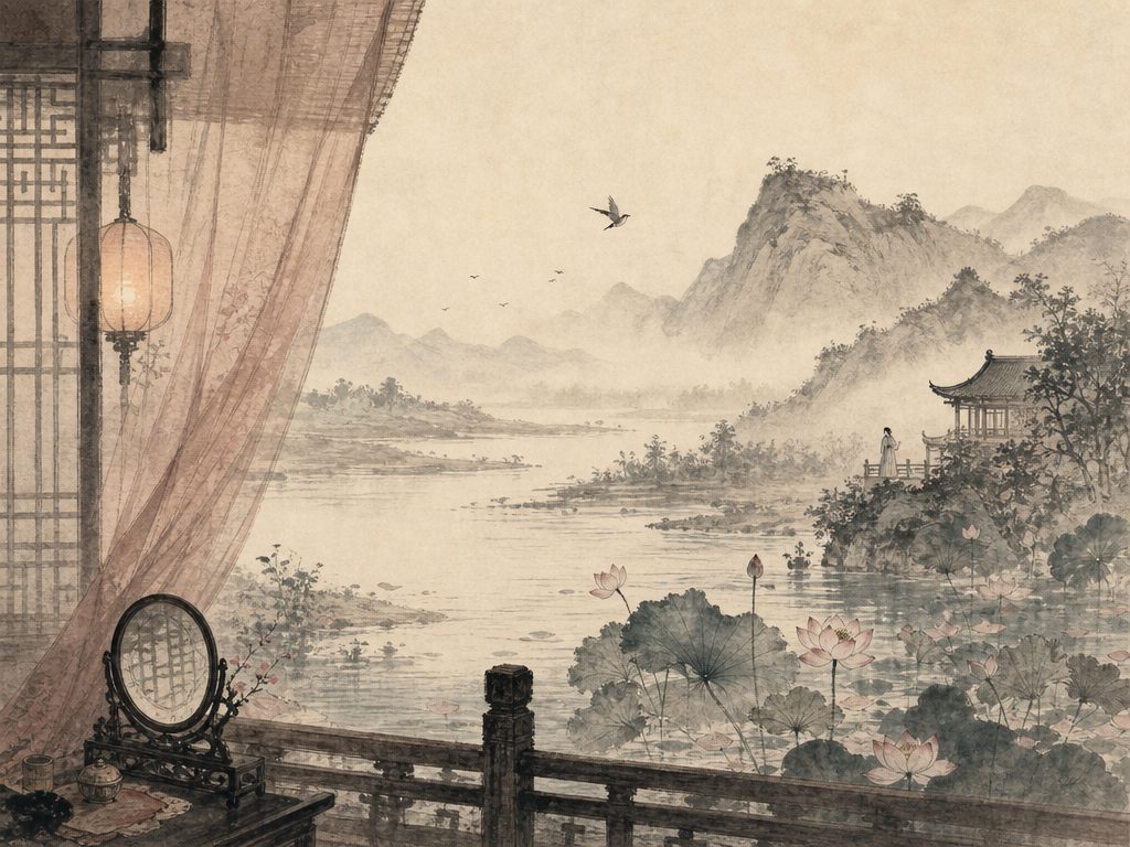 《鹧鸪天》水墨写意背景插图：闺怨相思，水、山、鸟、莲。
