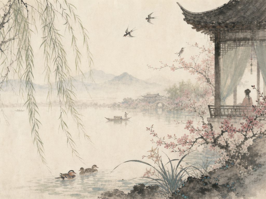 《杏花天》水墨写意背景插图：婉约柔美，鸳鸯、浦、桃、渡。