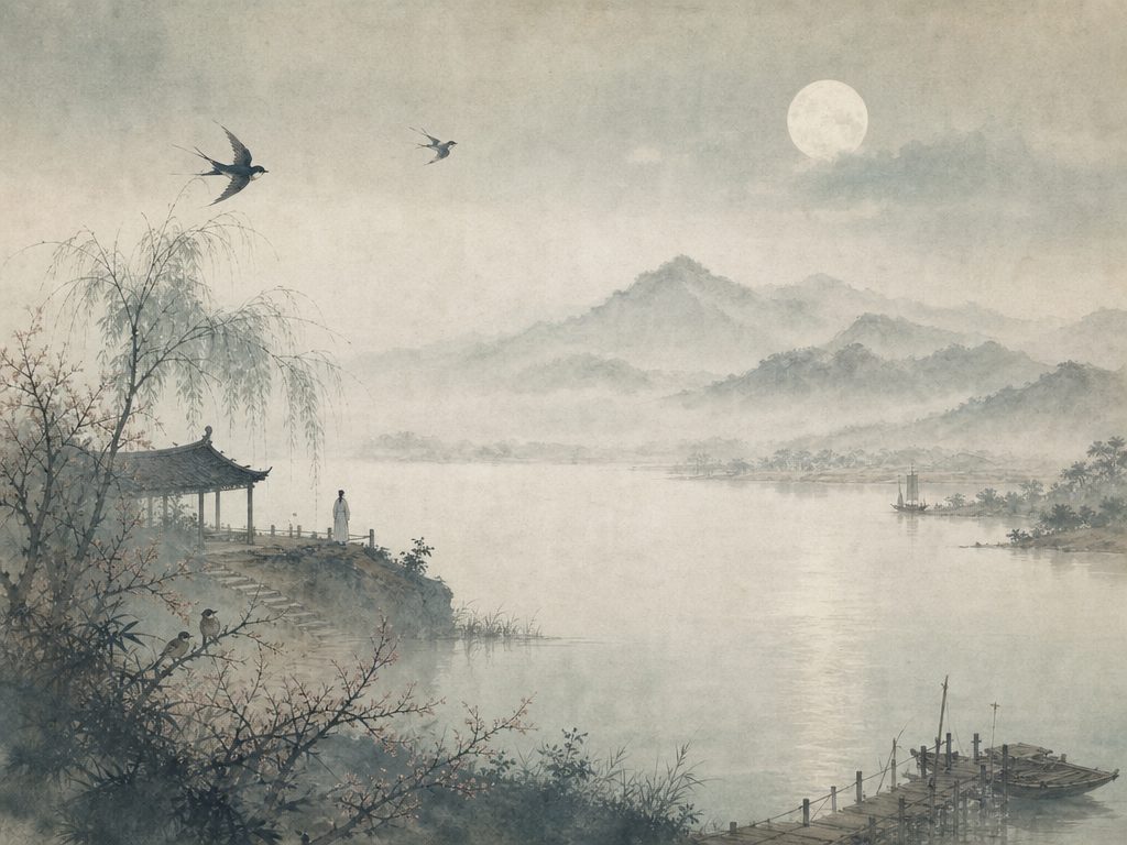 《踏莎行》水墨写意背景插图：离愁别绪，燕、莺、书、月。