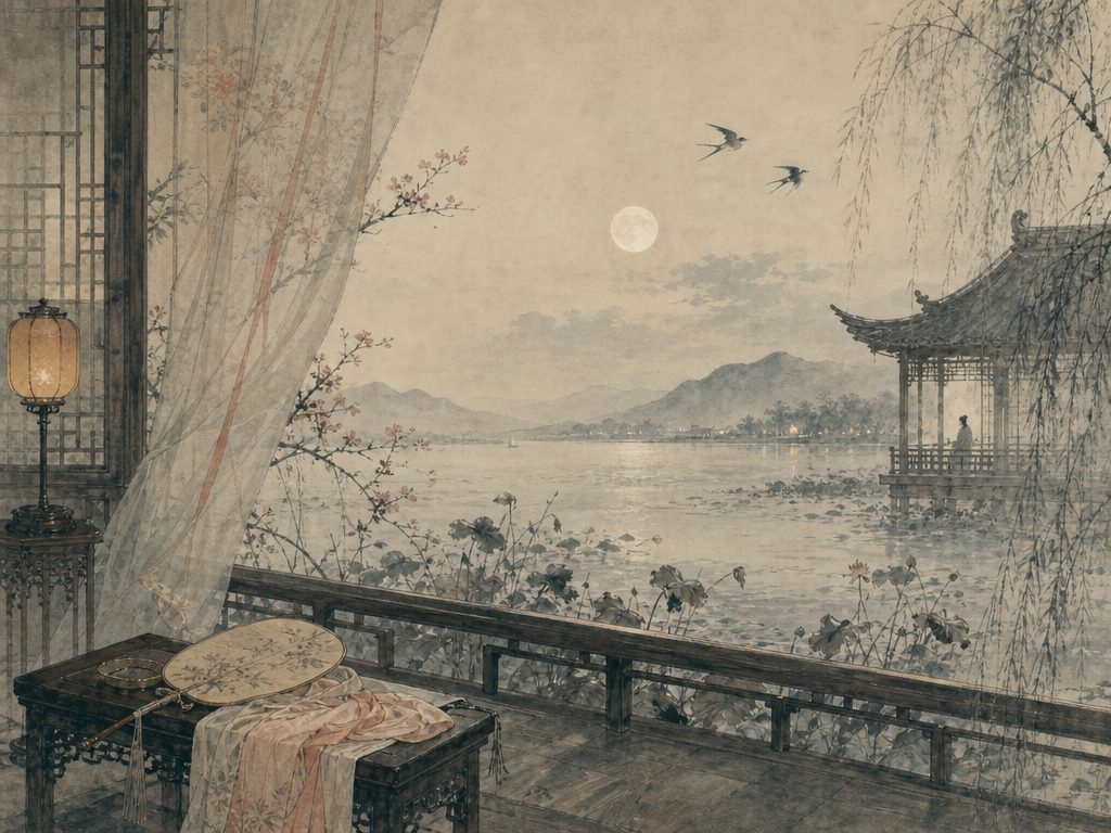 《霓裳中序第一》水墨写意背景插图：闺怨相思，亭、江、莲、扇。
