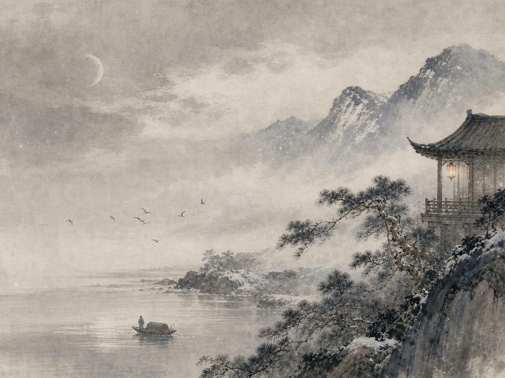 《庆宫春・高阳台》水墨写意背景插图：清冷孤寂，台、松、雨、鸥。