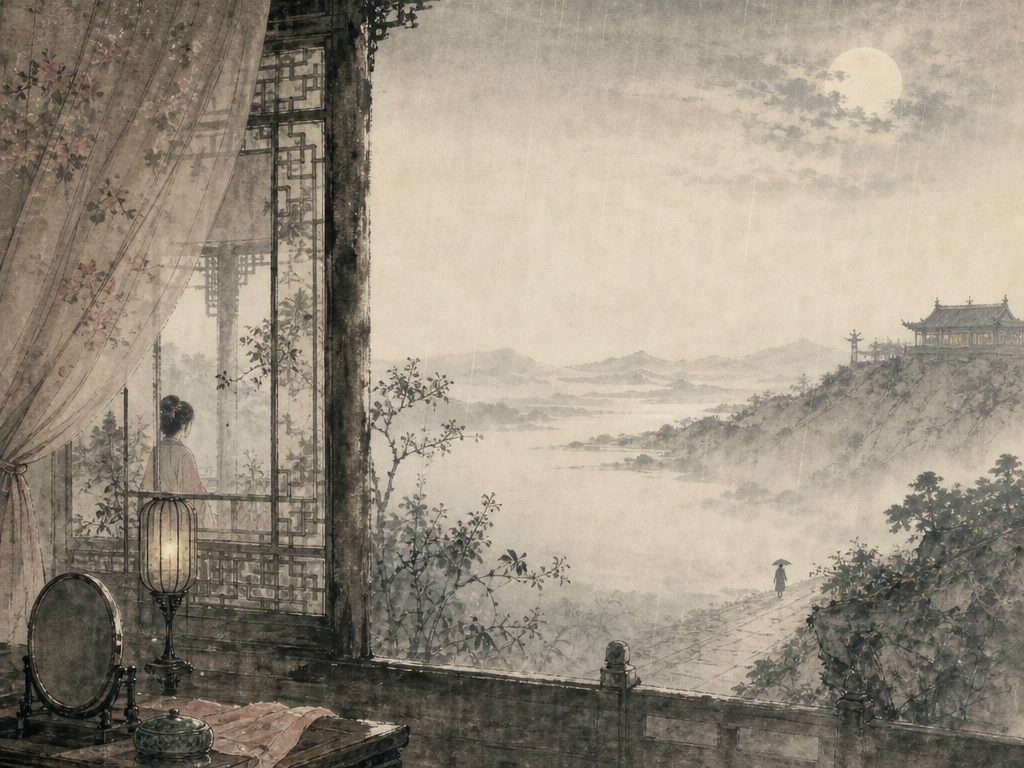 《齐天乐》水墨写意背景插图：闺怨相思，露、苔、屏、山。