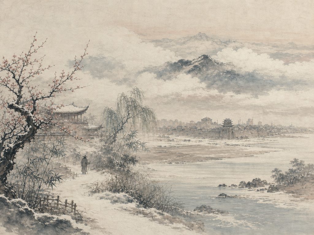 《一萼红》水墨写意背景插图：婉约柔美，城、梅、雪、云。