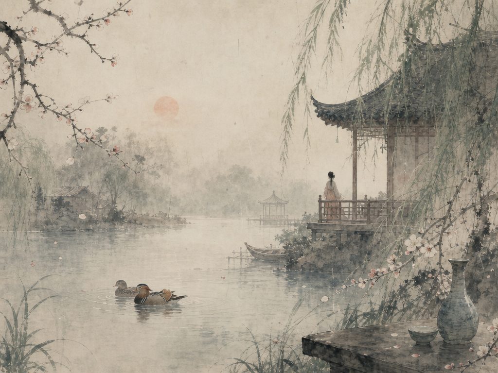 《念奴娇》水墨写意背景插图：婉约柔美，鸳鸯、水、酒、雨。