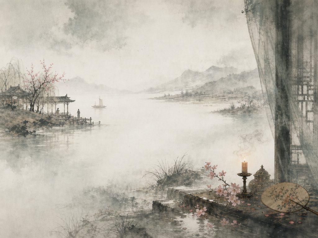 《琵琶仙・自度曲》水墨写意背景插图：离愁别绪，桃、扇、花、汀洲。
