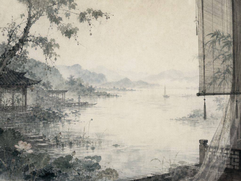 《八归》水墨写意背景插图：离愁别绪，莲、桐、庭院、雨。