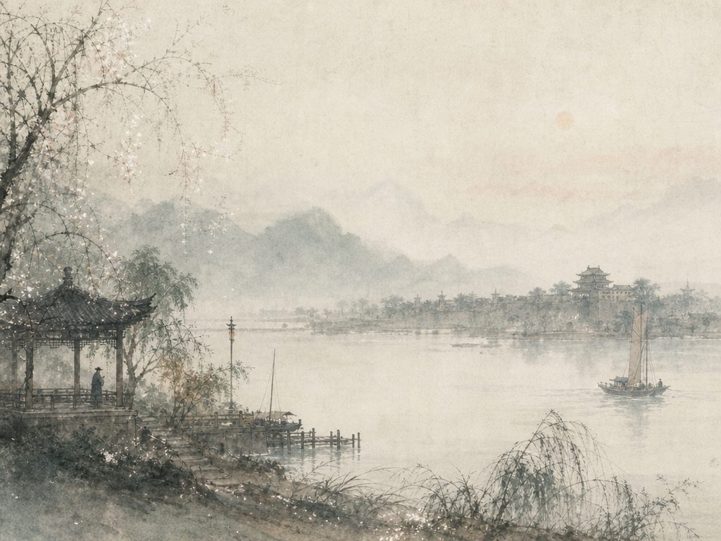 《长亭怨慢》水墨写意背景插图：离愁别绪，香、门、浦、帆。