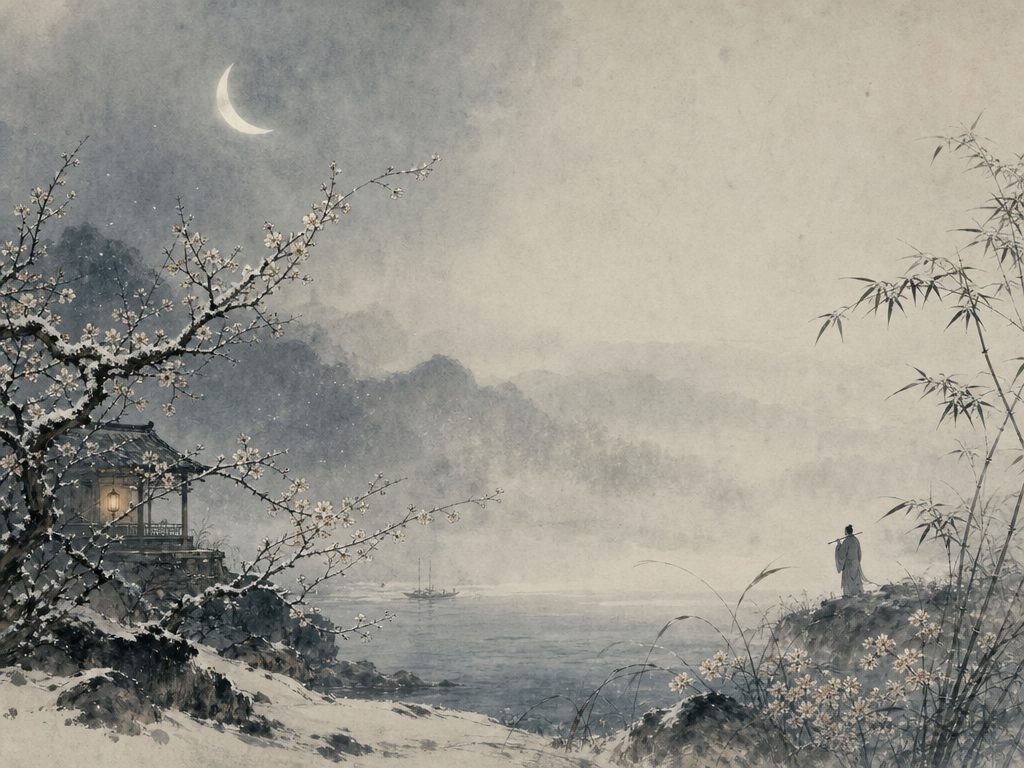 《暗香》水墨写意背景插图：清冷孤寂，月色、梅、笛、春风。