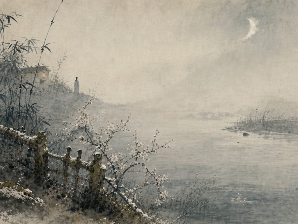 《疏影》水墨写意背景插图：清冷孤寂，苔、角、黄昏、竹。
