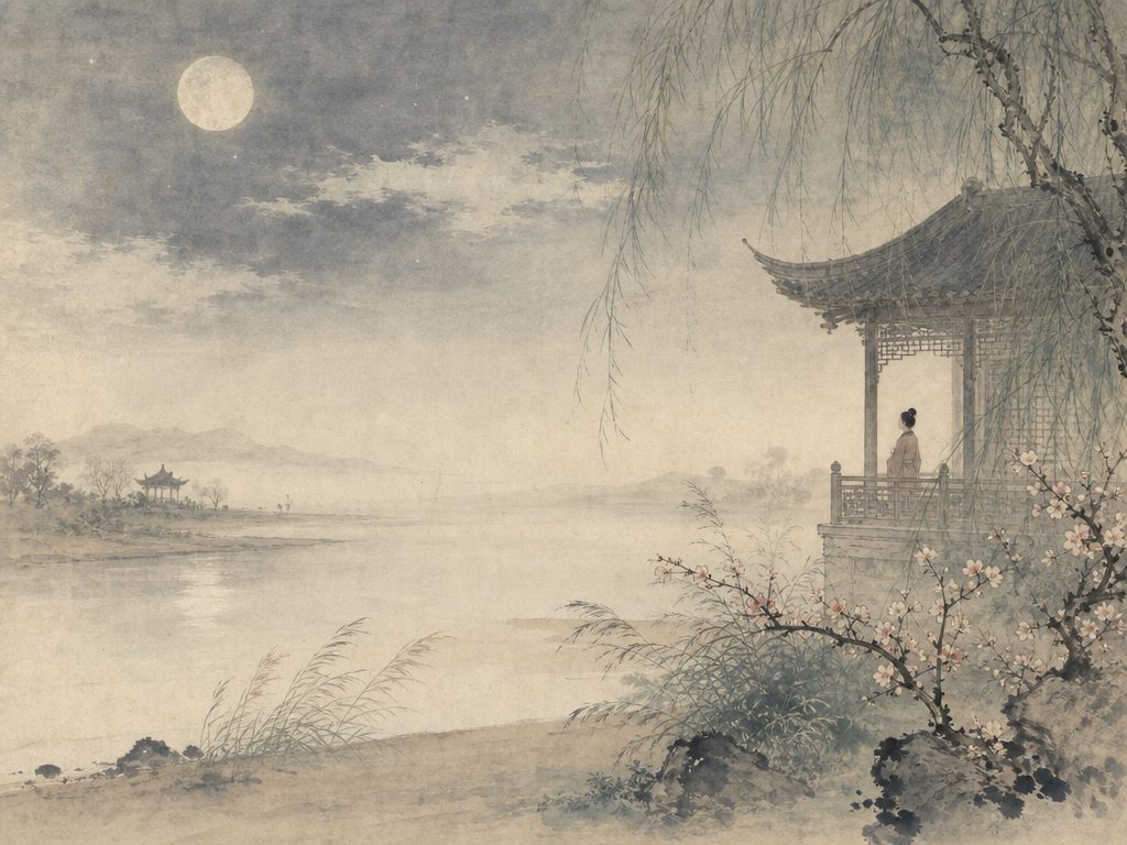 《翠楼吟》水墨写意背景插图：婉约柔美，月、沙、楼、栏。