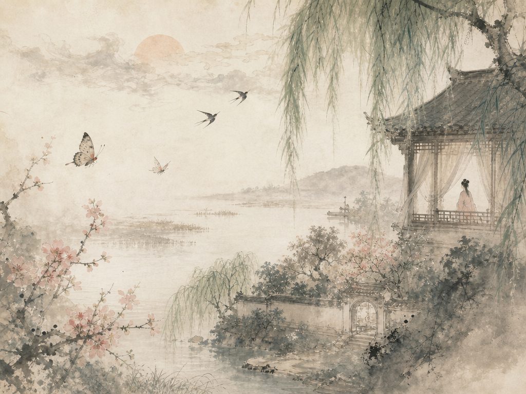 《绮罗香》水墨写意背景插图：婉约柔美，花、烟、柳、日。