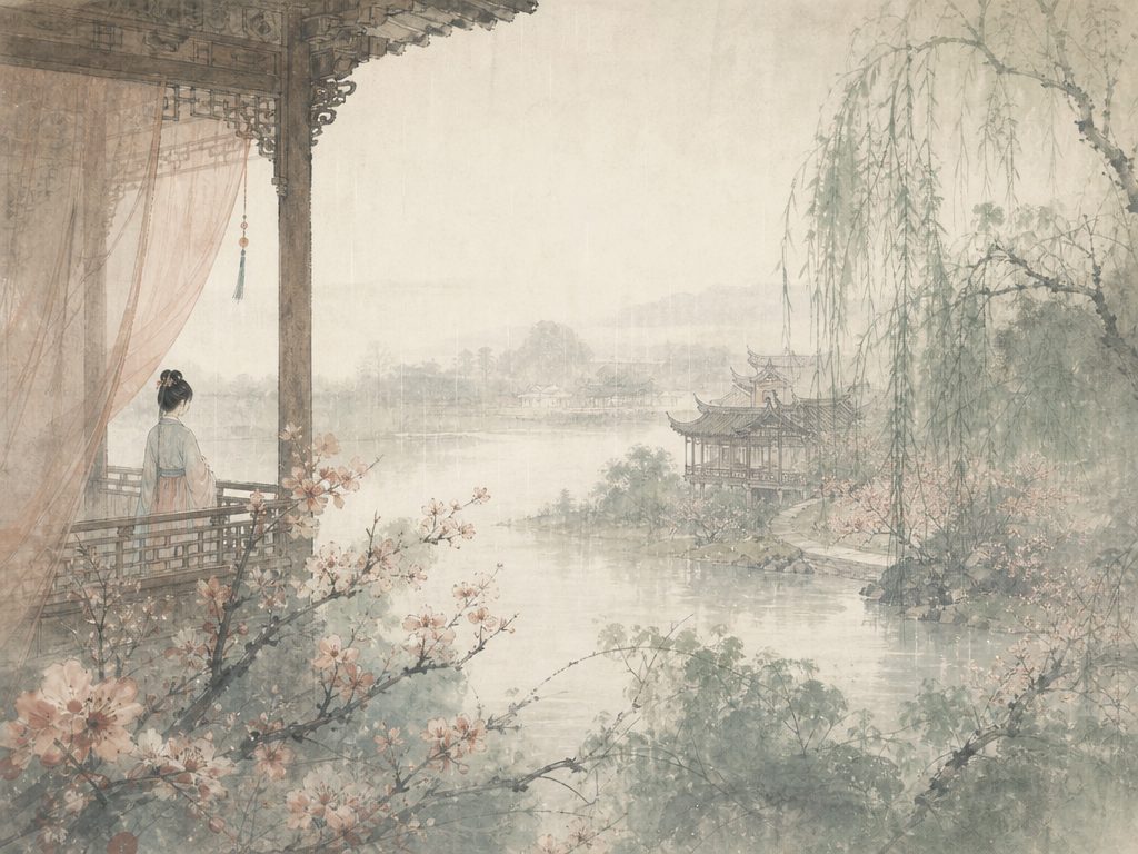 《双双燕》水墨写意背景插图：婉约柔美，帘、雕梁、花、径。