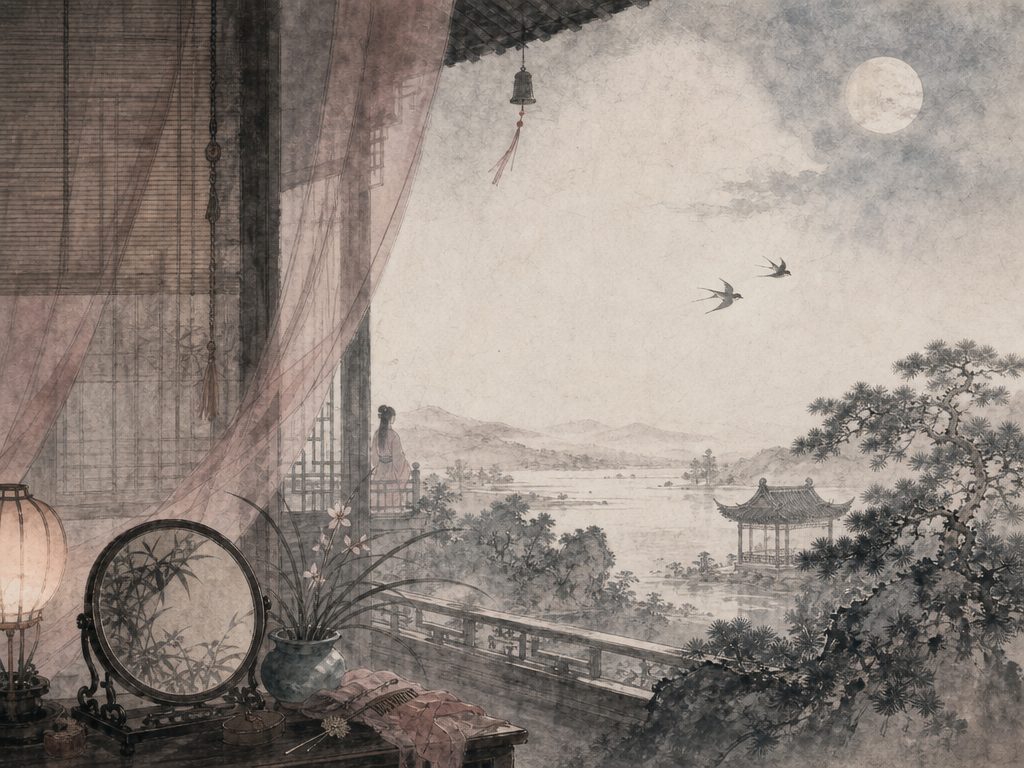 《东风第一枝》水墨写意背景插图：闺怨相思，兰、草、东风、镜。