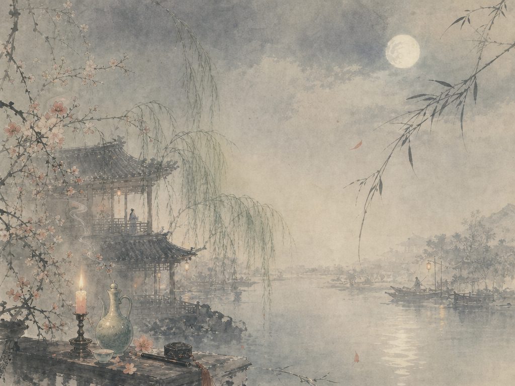 《喜迁莺》水墨写意背景插图：婉约柔美，月、玉壶、花、酒。