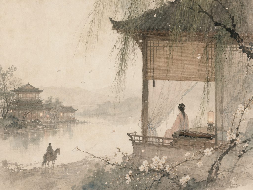 《三姝媚》水墨写意背景插图：婉约柔美，烟、柳、花、瑟。