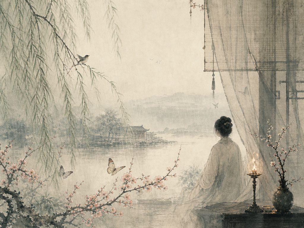《夜合花》水墨写意背景插图：婉约柔美，柳、莺、花、蝶。