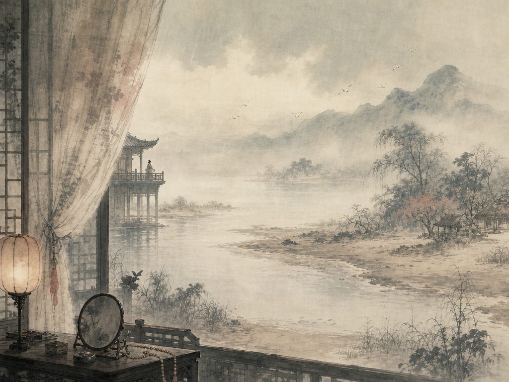 《八归》水墨写意背景插图：闺怨相思，江、雨、沙、水。