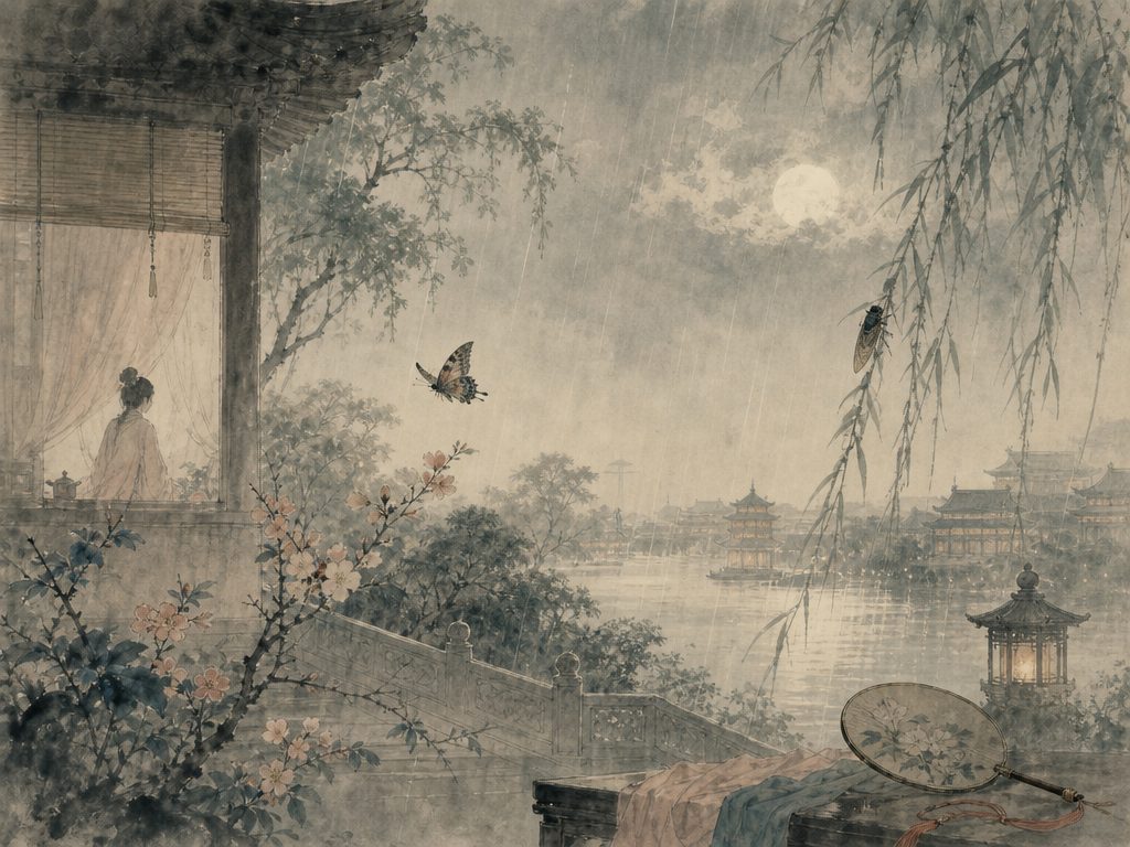 《玉胡蝶・玉蝴蝶》水墨写意背景插图：婉约柔美，蝴蝶、雨、宫、树。