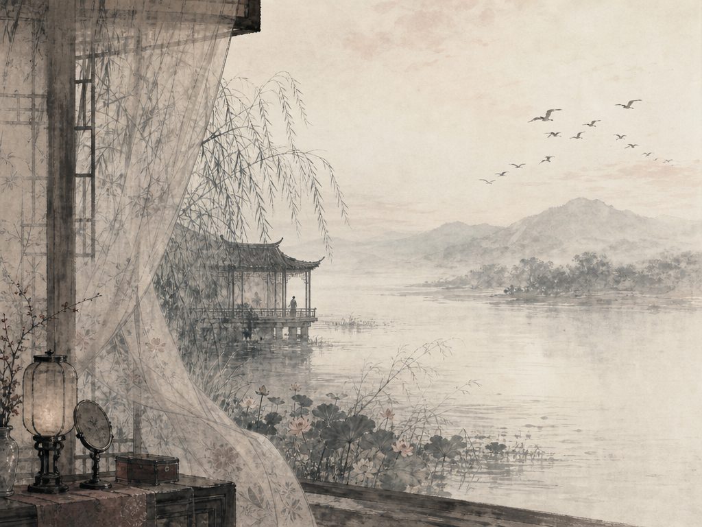 《秋霁》水墨写意背景插图：闺怨相思，江、水、柳、荷。