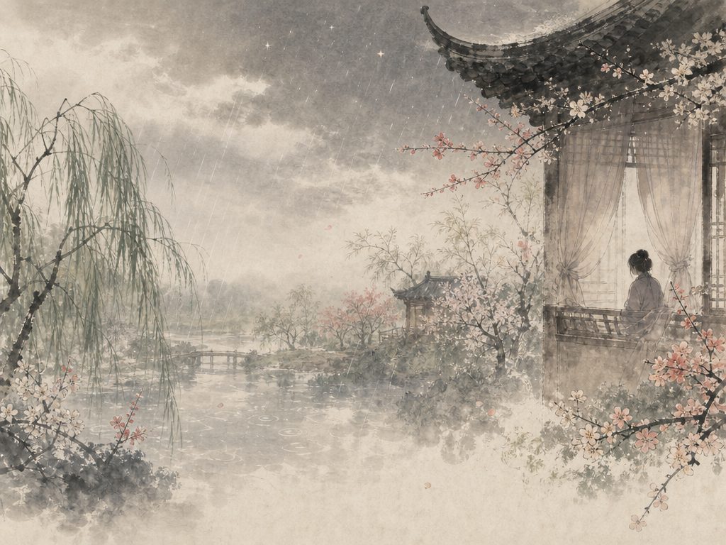 《水龙吟》水墨写意背景插图：婉约柔美，风、雨、园、花。
