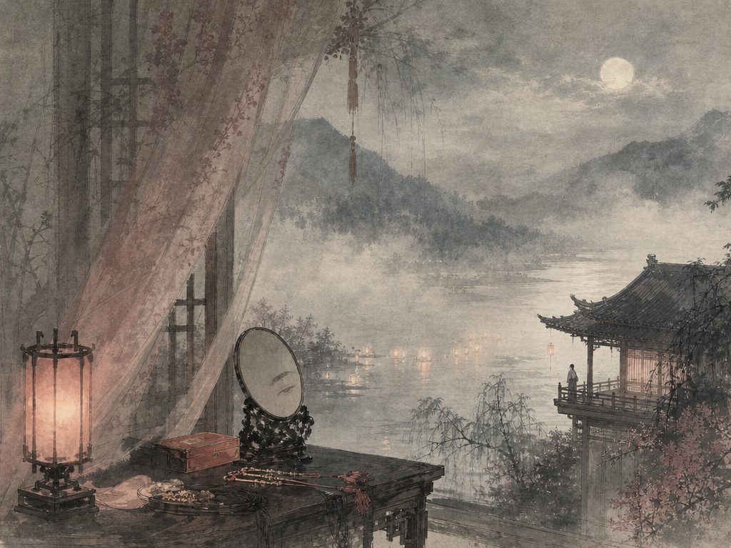 《生查子》水墨写意背景插图：闺怨相思，灯、镜、楼、月。