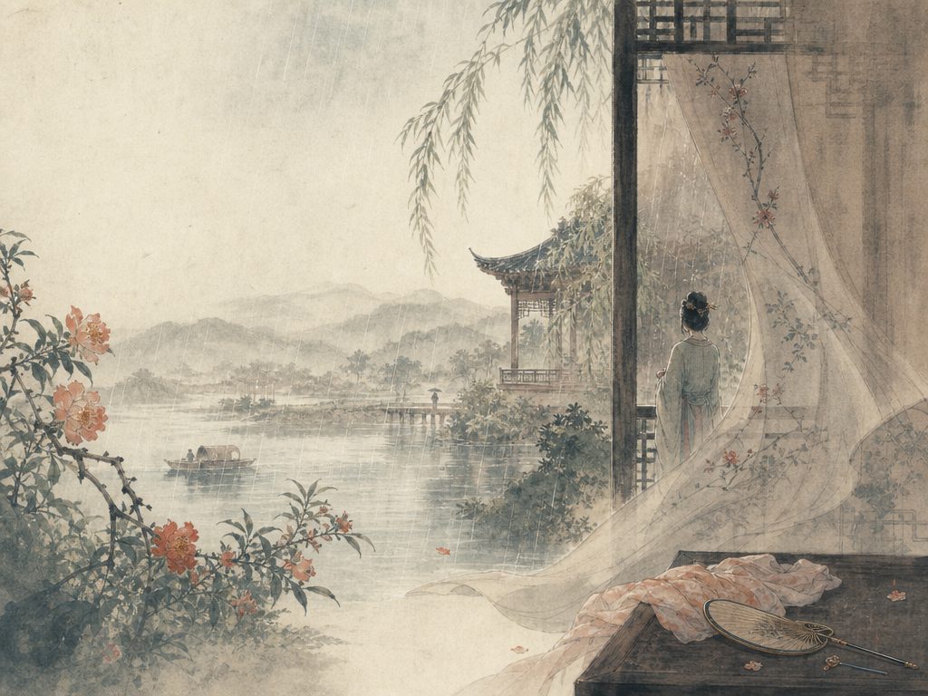 《贺新郎》水墨写意背景插图：婉约柔美，深院、花、画帘、衣。