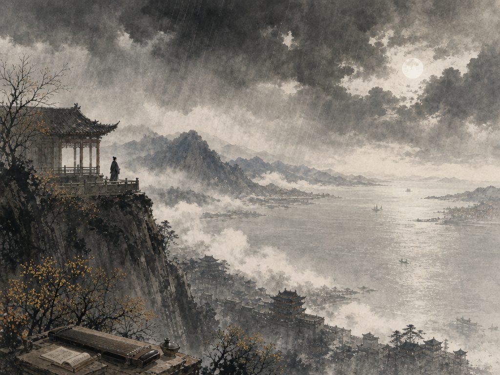 《贺新郎》水墨写意背景插图：豪放壮阔，风、细雨、海、高楼。