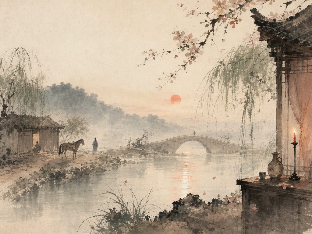 《玉楼春》水墨写意背景插图：婉约柔美，马、客舍、酒、日。