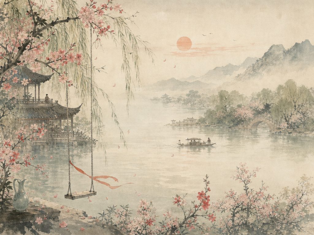 《风入松》水墨写意背景插图：婉约柔美，花、日、西湖、酒。