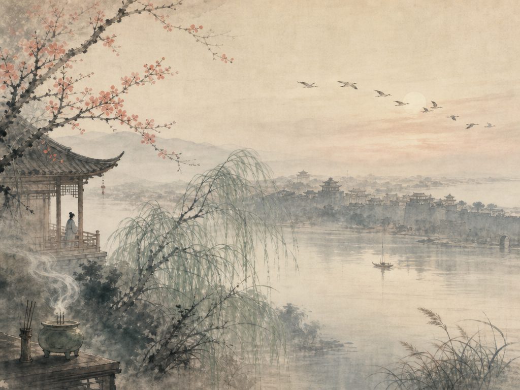 《宴清都》水墨写意背景插图：婉约柔美，风、日、鸟、江。