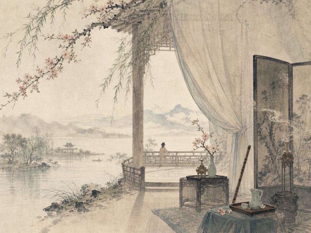《江城子》水墨写意背景插图：婉约柔美，画楼、帘、屏、香。