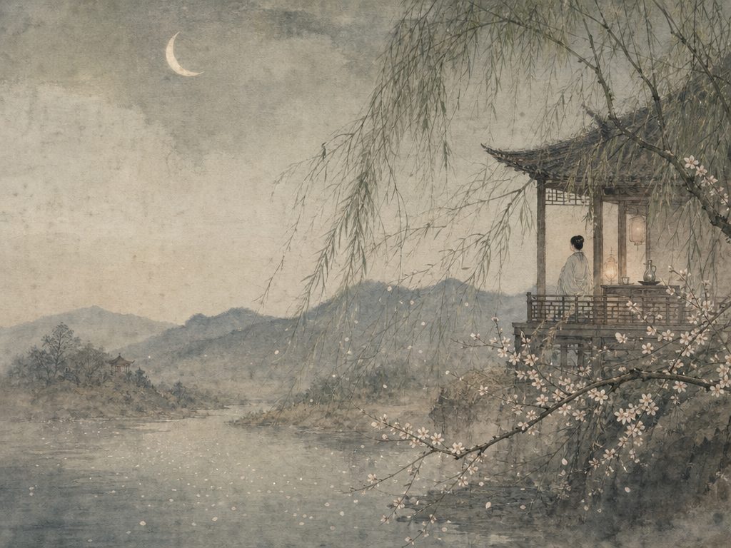 《湘春夜月》水墨写意背景插图：婉约柔美，黄昏、柳、花、樽。