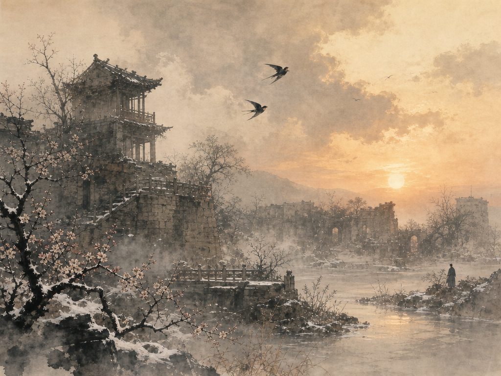 《高阳台》水墨写意背景插图：怀古伤今，梅花、燕、东风、雪。