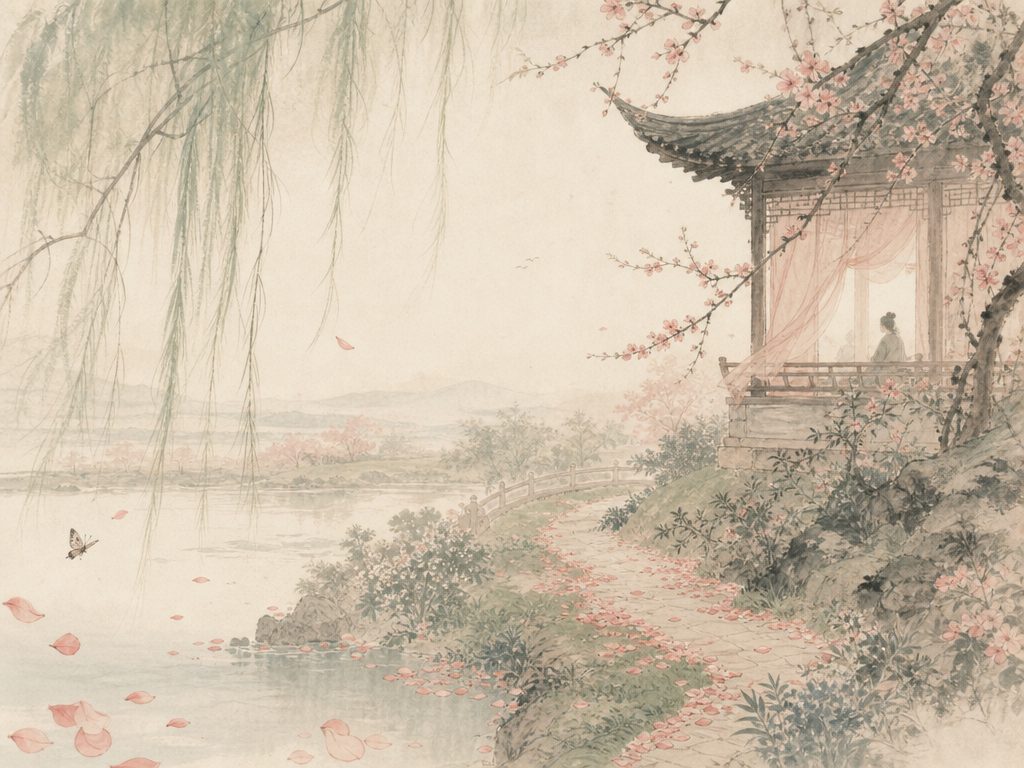 《玉楼春》水墨写意背景插图：婉约柔美，春风、园、花、蝶。