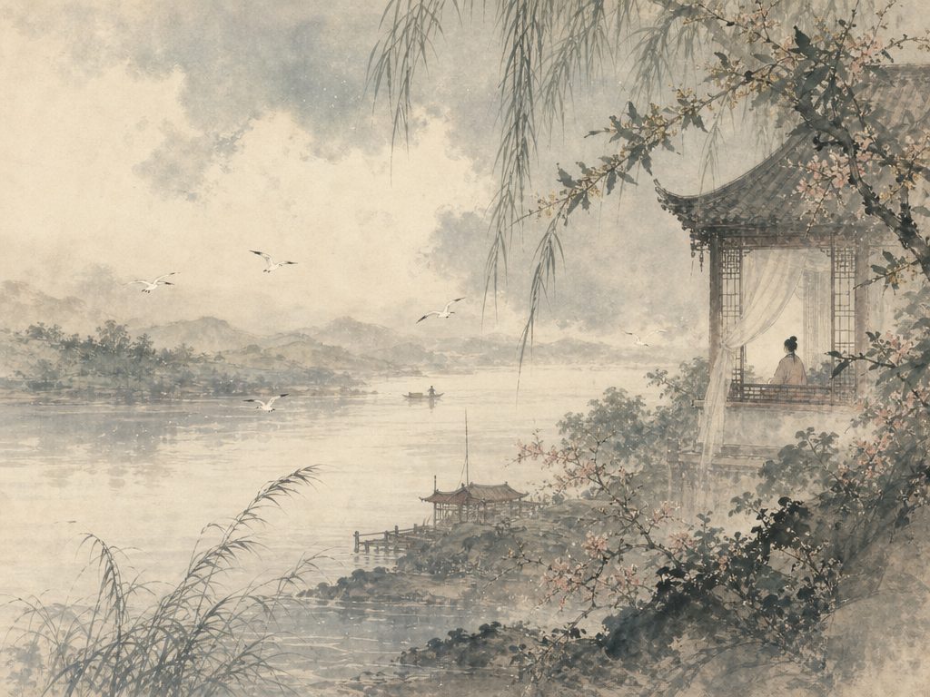 《渡江云三犯・渡江云》水墨写意背景插图：婉约柔美，云、江、渡、风。