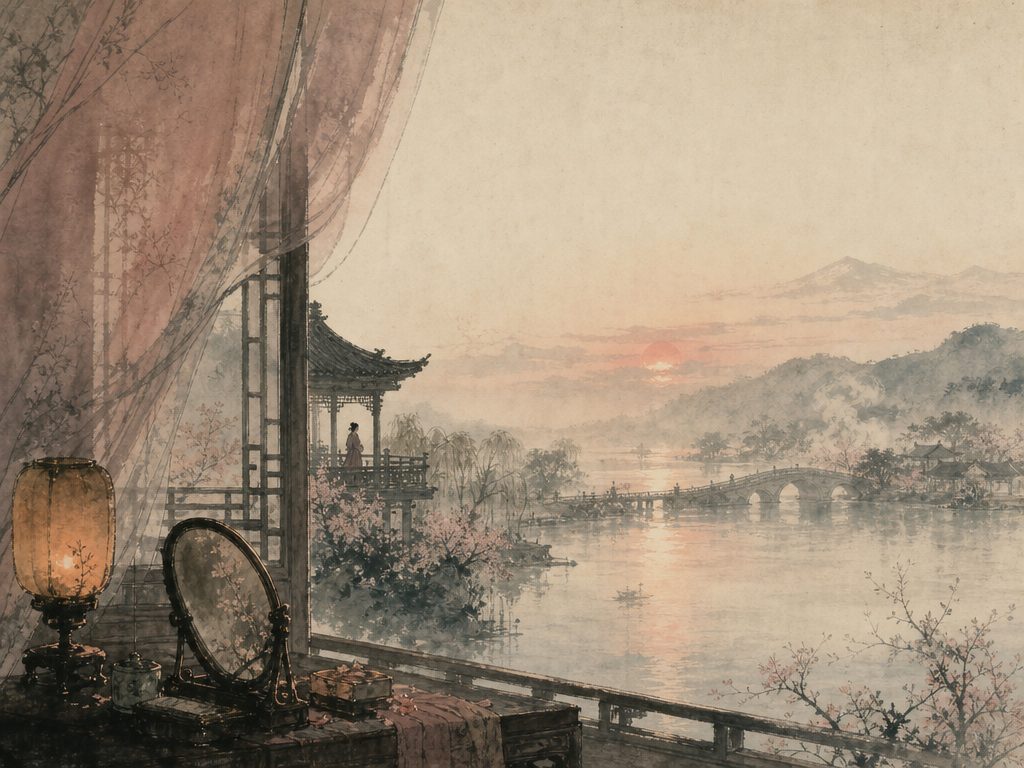 《瑞鹤仙》水墨写意背景插图：闺怨相思，江、日、花、苑。
