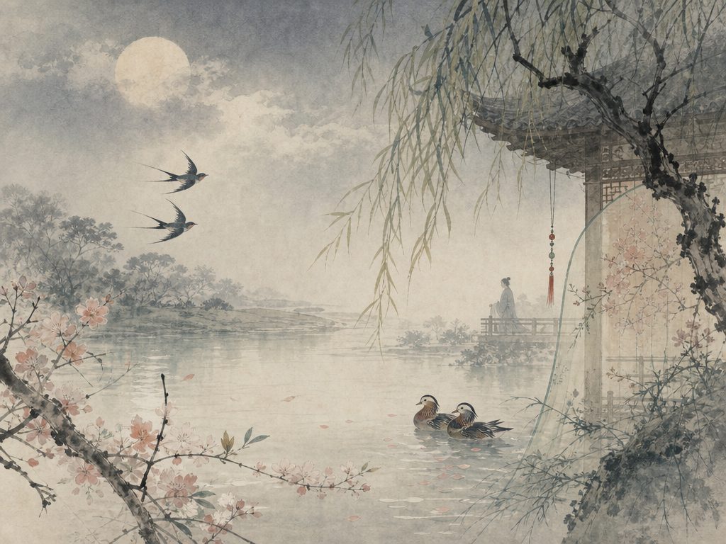 《宴清都》水墨写意背景插图：婉约柔美，鸳鸯、云、树、花。