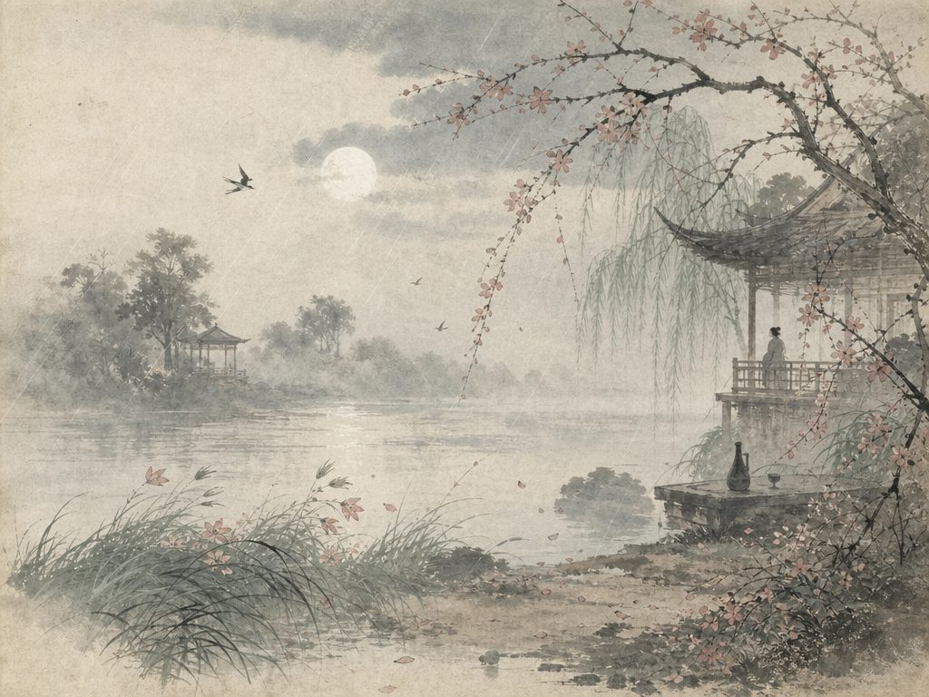 《风入松》水墨写意背景插图：婉约柔美，风、雨、草、花。